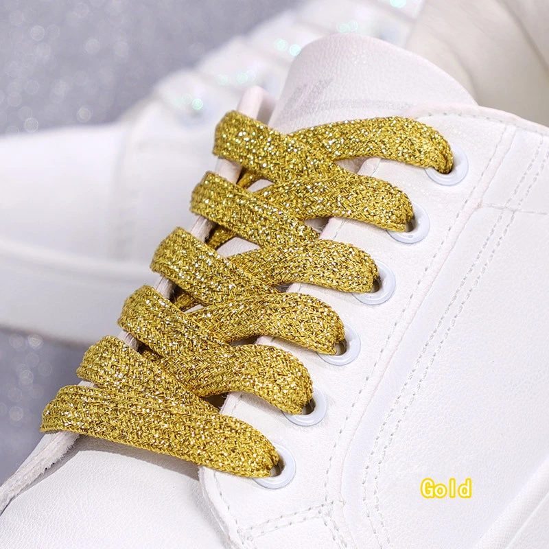 Vibrant Metallic Glitter Flat Shoelaces - Silver, White, and Gold for Sports and Running Shoes