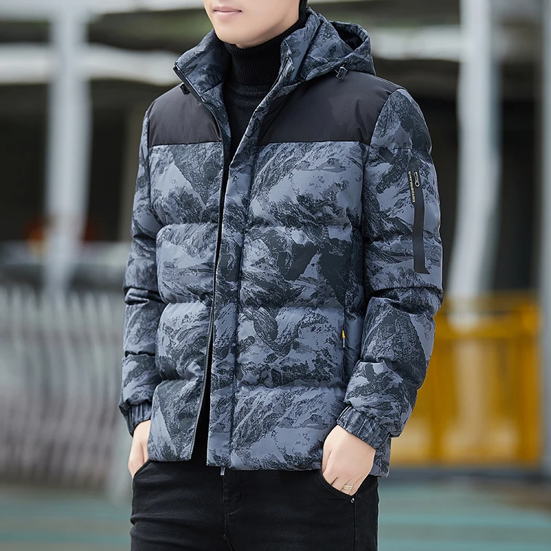 Detachable Cap Parkas Men's Winter 2023 New Fashionable Camouflage Thick Trendy Patchwork Long Sleeve Zipper Pocket Casual Coat