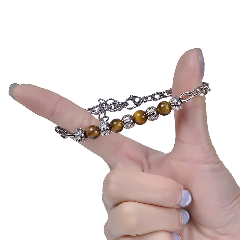Stainless Steel Adjustable Chain Link Bracelet with Tiger Eyes and Lava Rock Stone for Men