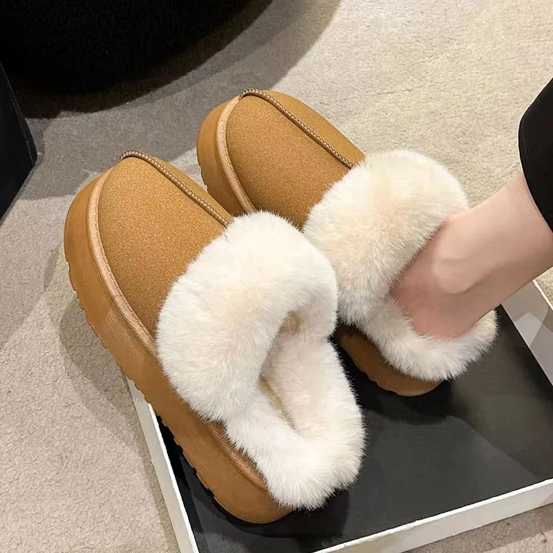 

Winter Women Fur Slippers Warm Boots Platform Flip Flops New Short Plush Flats Home Cotton Shoes Suede Mules Ladies Boots