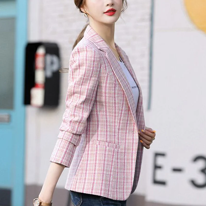 Fashion Loose Button Spliced Pockets Lattice Blazer Women's Clothing 2023 Autumn New Oversized Casual Tops Office Lady Blazers