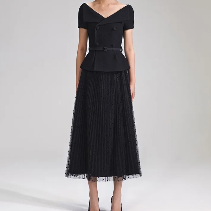 

Women Slim Waist V-Neck Short Sleeve Woolen Stitching Pleated Midi Dress