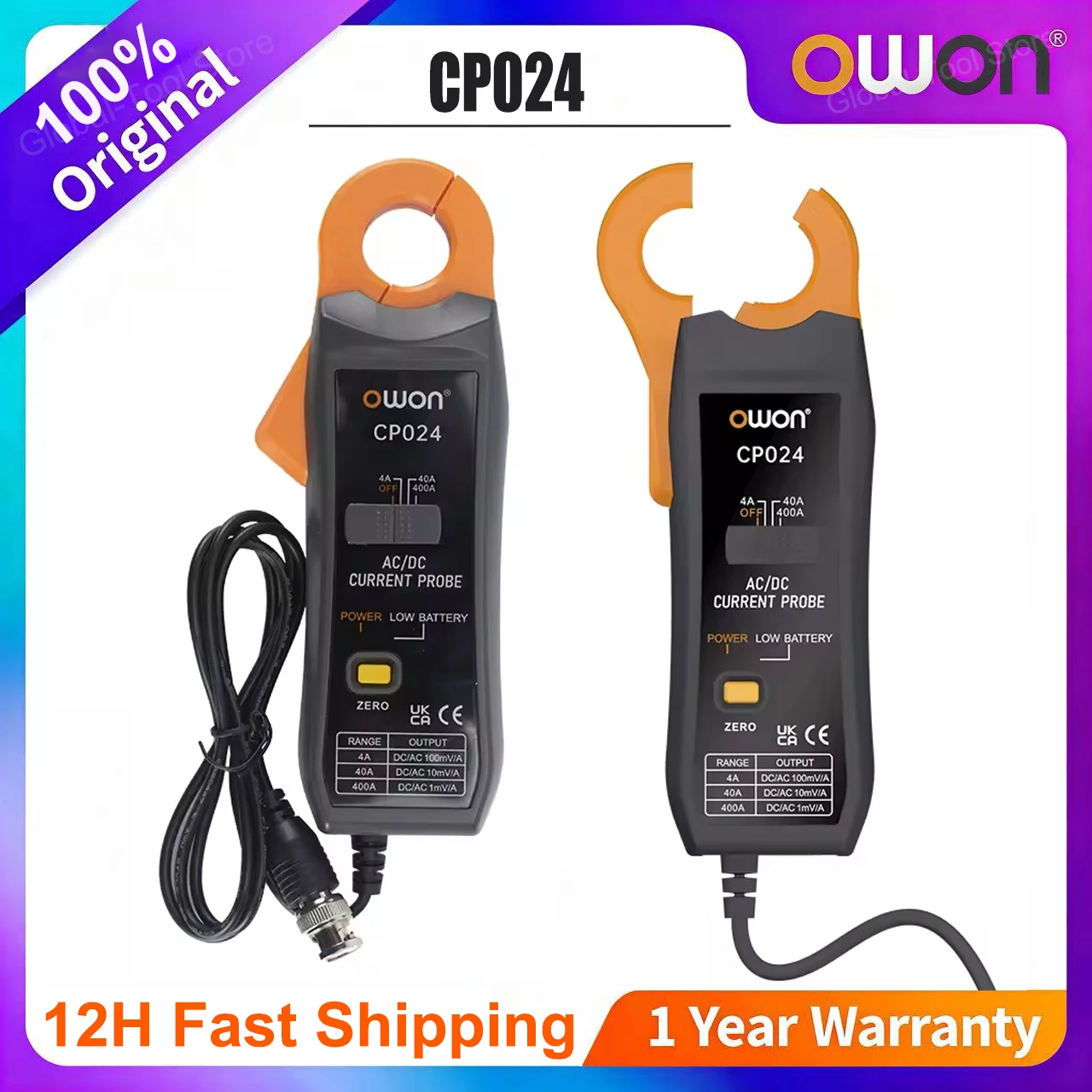 OWON CP024 DC AC Current Probe for Digital Storage Oscilloscope 4A to 400A Bandwidth 200kHz 23mm Jaw Three-Gear Current Clamp
