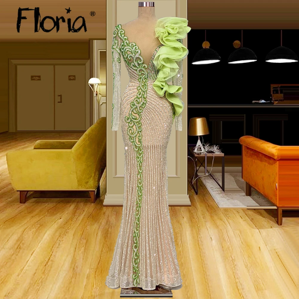 

Women Beaded Mermaid Dress for Luxury 2023 Long Sleeve V Neck Full Bling Handmade Prom Party Gowns Plus Size Custom Made Dubai