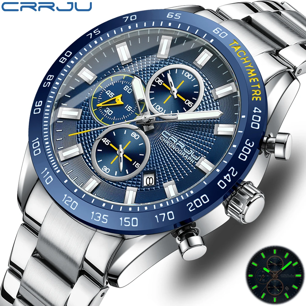 

CRRJU 2022 New Watch For Men Luxury Silver Fashion Quartz Clock Analog Chronograph Sport Waterproof Stainless Steel Wristwatch