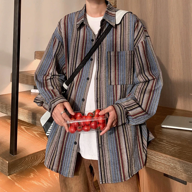 Retro Striped Asymmetrical Long Sve irt Men's Loose Fit Casual Sle Autumn Faion Japanese Sle Drop oulder irt