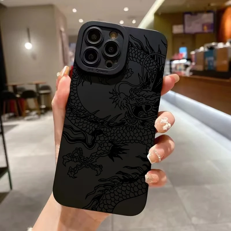 Elegant Matte Black Chinese Dragon Silicone Phone Case - Shockproof and Soft Cover