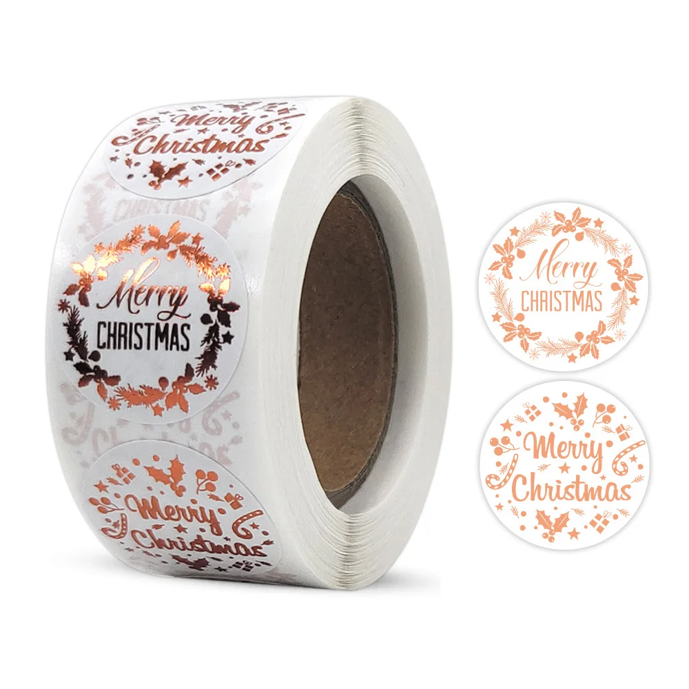 

500Pcs/Roll Rose Gold Gilding Merry Christmas Stickers 2.5cm/1.0in Round Roll Sticker Sealing Holiday Gift Decorative Materials
