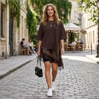Willshela femmes mode solide dentelle Patchwork chemise asymétrique Vintage col rond demi manches femme Chic dame Blouse 3