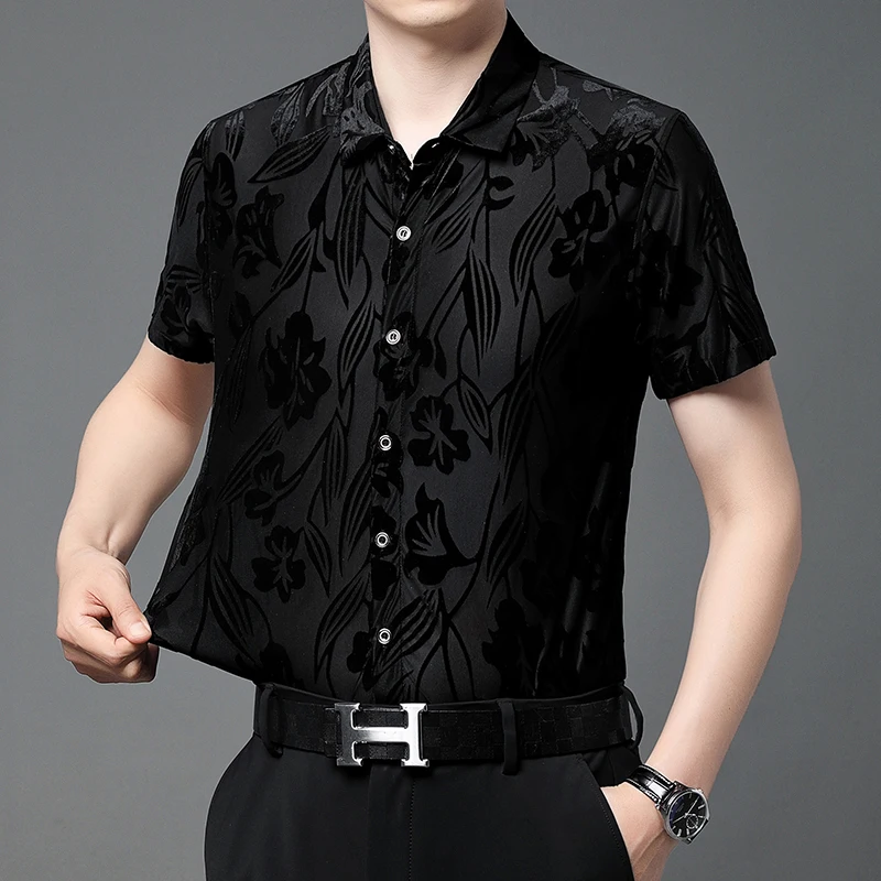 

Рубашка мужская с коротким рукавом, эластичная бархатная блуза с цветочным узором, гладкая Удобная Повседневная сорочка с вырезами, лето