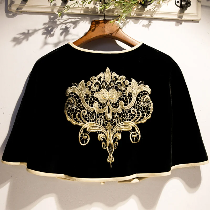 Gold Velvet Cheongsam Shawl Women Sleeveless Retro Embroidered Short Cloak Cape retro women s shawl embroidered vest shrugs harajuku shawl fake collar decorate sleeveless tops cape cheap wholesale