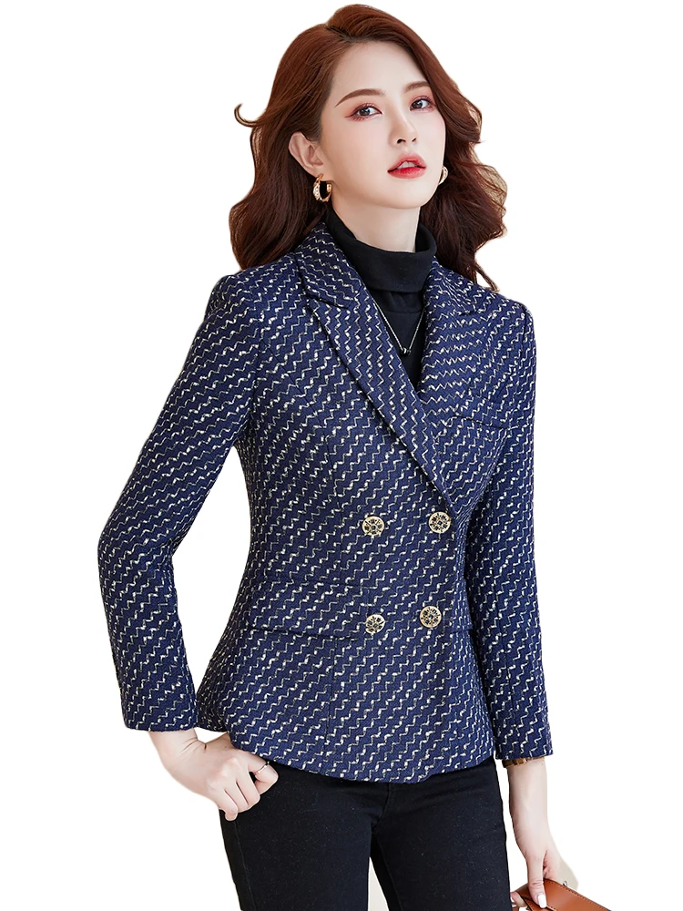 

Female Black Blue Stripe Casual Slim Blazer Coat Women Ladies Autumn Winter Long Sleeve Double Breasted Jacket
