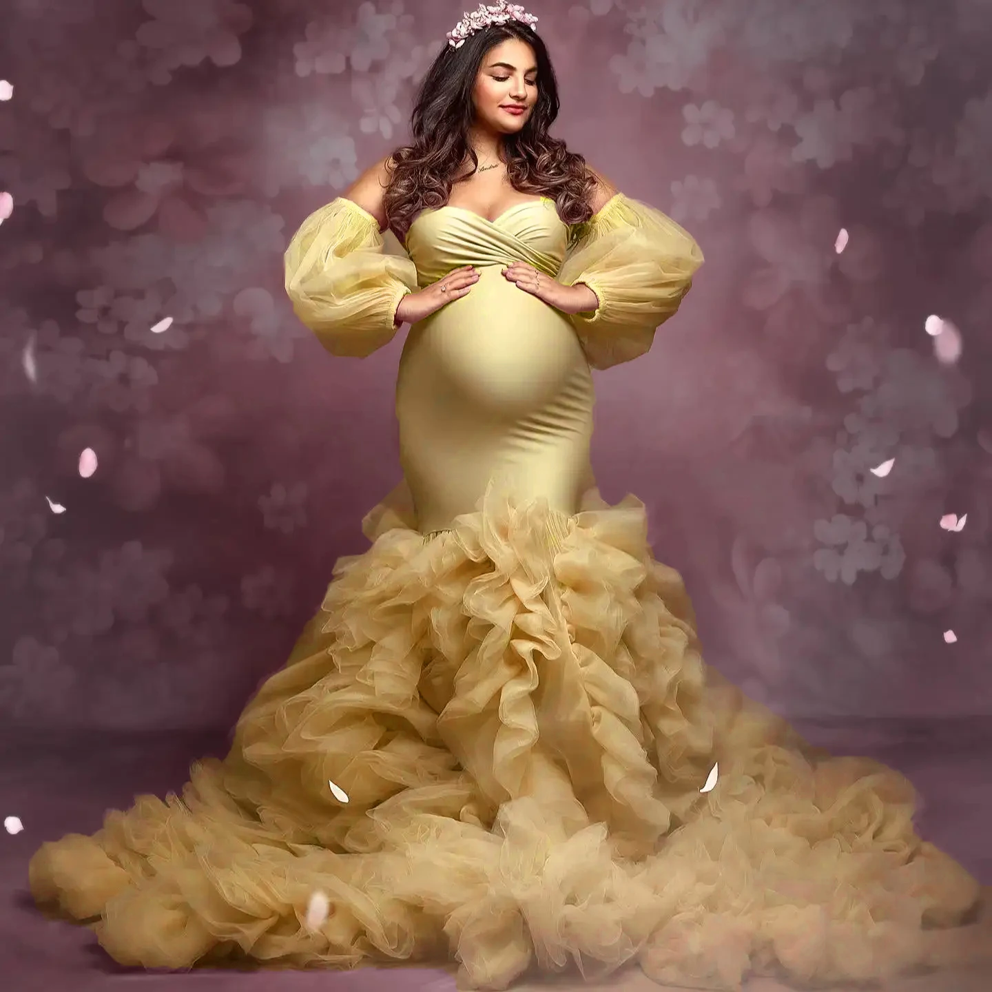 Luxury Mermaid Evening Dresses for Photoshoot Off Shoulder Ruffles Pregnant Women Robes Sexy Long Sleeves Maternity Gowns