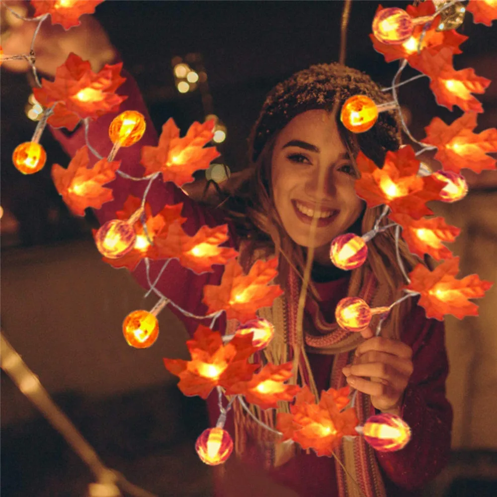 1.5M 3M 6M LED Pumpkin Maple Leaves Light String Garland USB/Battery Powered Fairy Lights Christmas Halloween Party Decorations