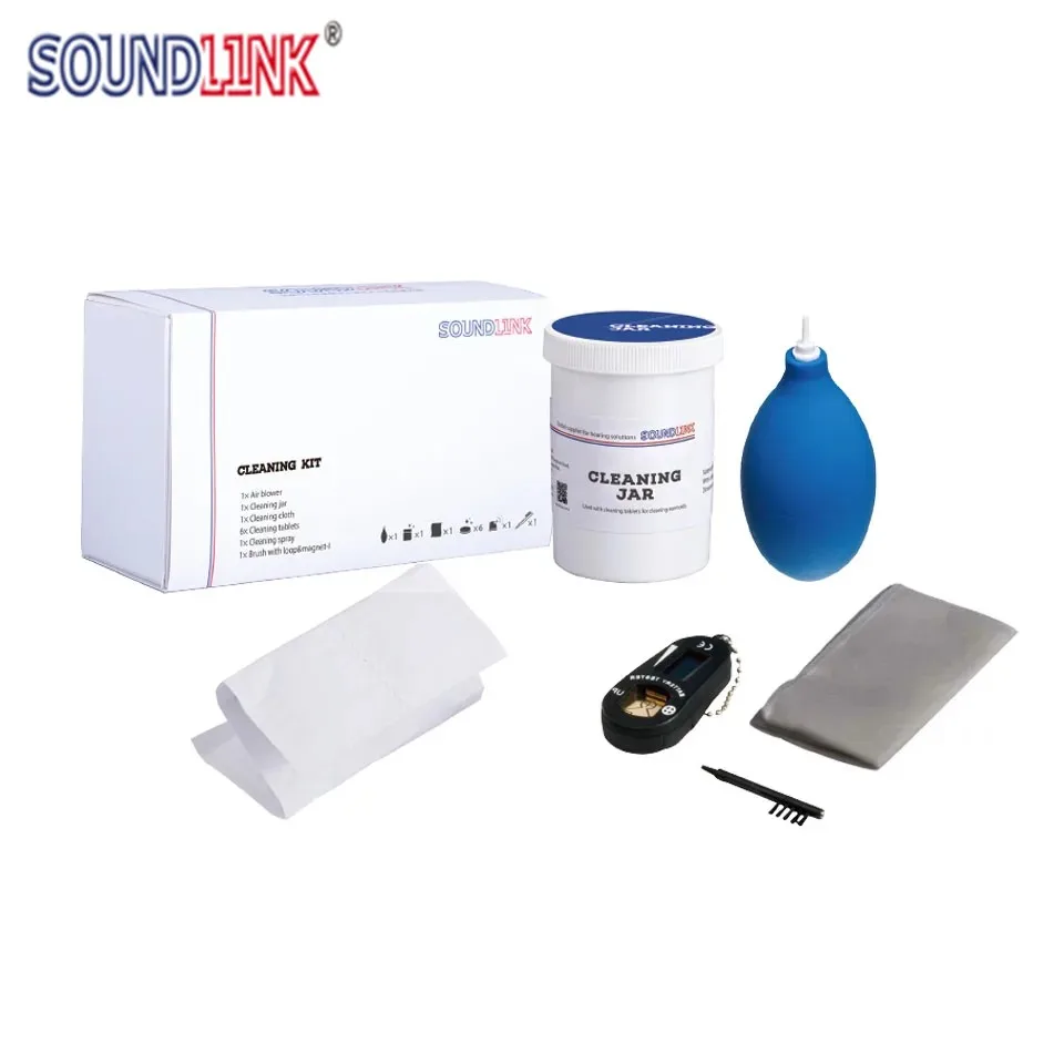 

Hearing Aid Cleaning Kit Earmold Cleaning Tablet Cloth Brush Air Blower Battery Tester ( Pack of 6 )
