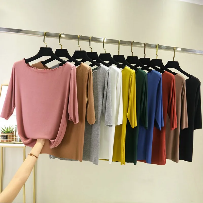 

Slash neck Tshirt Three Quarter Sleeves Women's Modal Mask T-shirts Solid color Elegant Tee tops all match