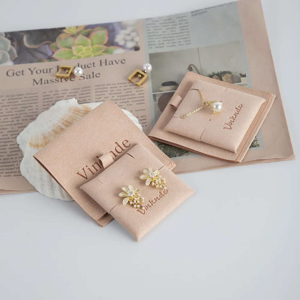 Custom Logo Debossed Peach Suede Jewellery Package Microfiber Envelope Pouch Earrings Necklace Pouch Gift Bag with Insert Card