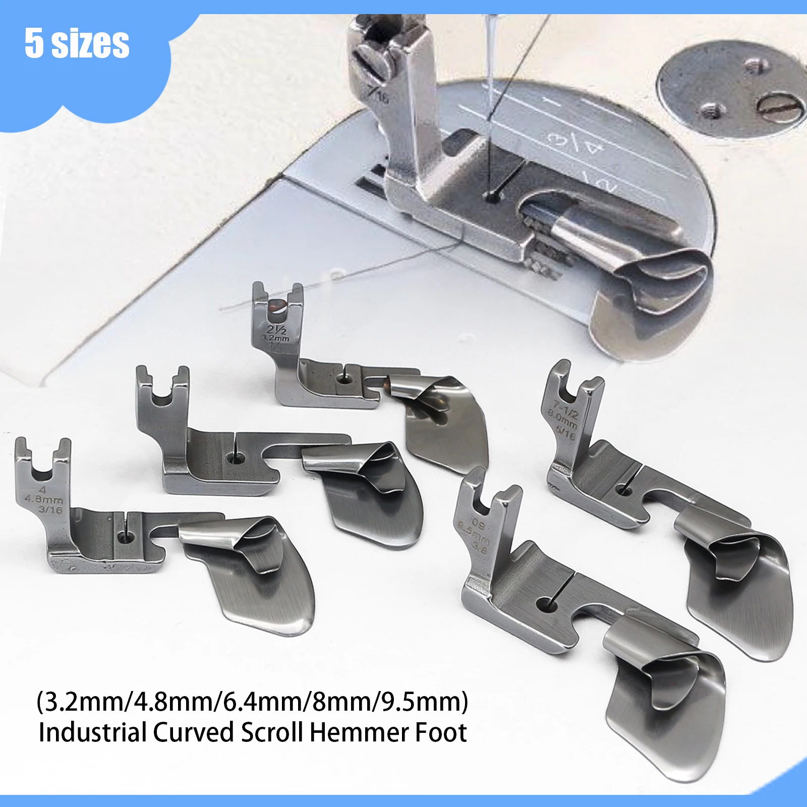 곡선형 스크롤 헴머 풋 3.2-9.5mm 헴 풀 튜브 프레서 풋 실크 시폰 주름 산업용 재봉틀 액세서리