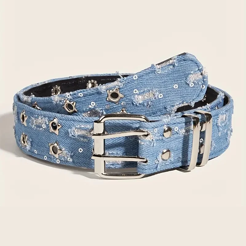2026New Mode Luxus Gürtel Schwarz Punk Zubehör Blau Denim Gürtel HipHop Y2k Stern Höhlte Pin Schnalle Bund, für Männer Frauen – Detail 6