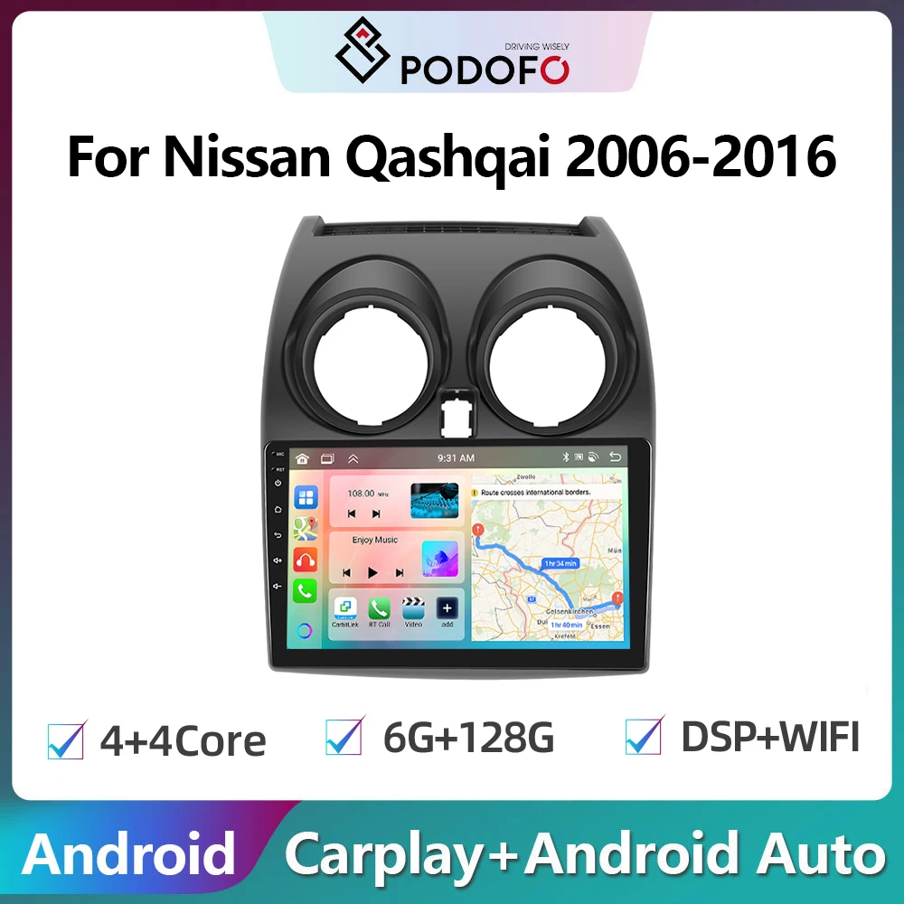 

Автомагнитола Podofo 9 "Carplay DSP RDS 2din Android 13, мультимедийный видеоплеер для Nissan Qashqai 2006-2016 Navi GPS автомагнитола