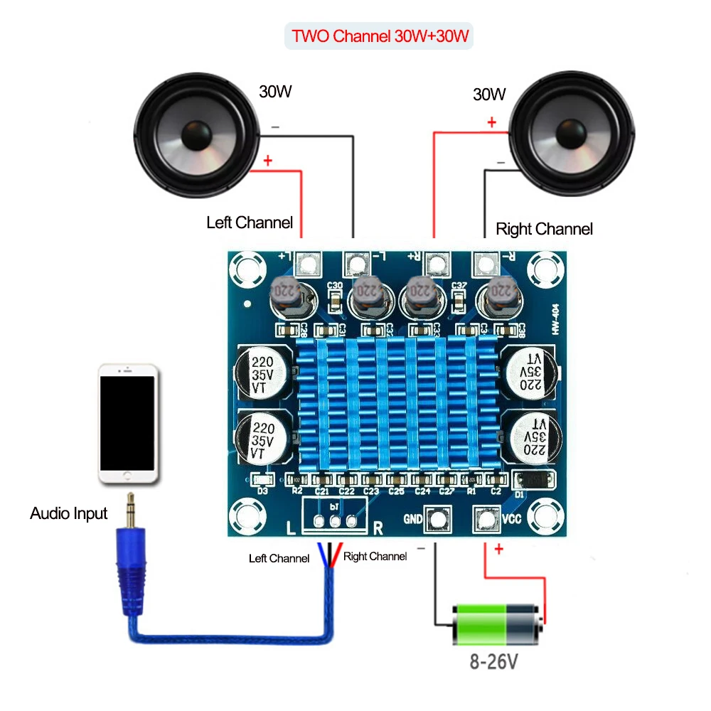 Dual Channel Digital Stereo Audio Power Amplifier Board TPA3110 XH-A232 Powerful Sound Amplifier Module 30W+30W DC 8-26V 3A audio amplifier board