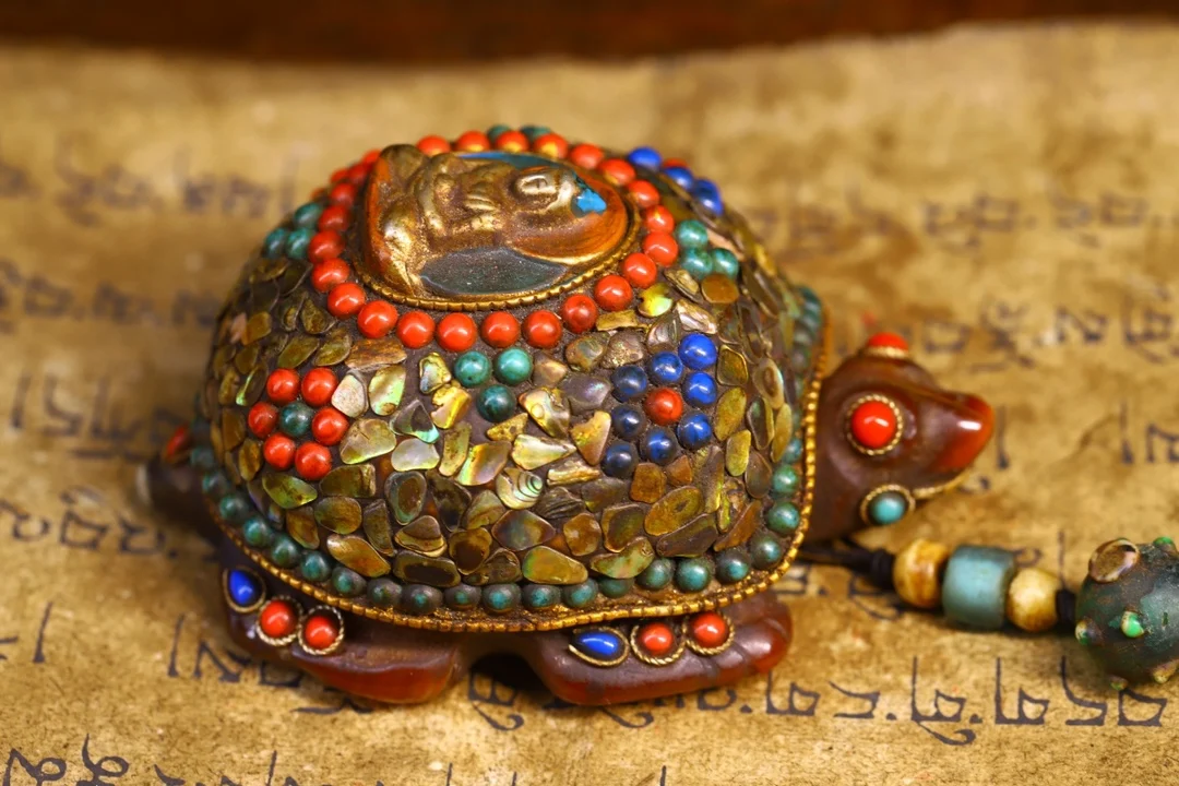 

3"Tibetan Temple Collection Old Natural Agate Cinnabar Gem Shell gZi Beads Turtle Longevity turtle Pendant Amulet Town House