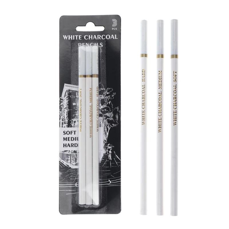 3 Pcs White Sketch Charcoal Pencils Soft/Medium/Hard White Charcoal Wooden Pencils for Artist Drawing Sketching Blending 24BB