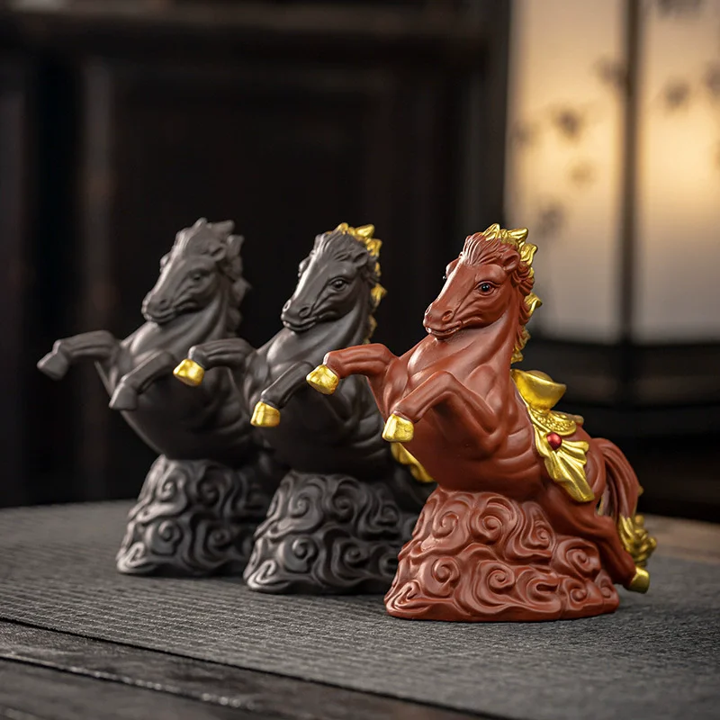 Money Coming Horse Zisha Clay Statue, Mini Figurine for Good Luck & Wealth, Unique Tea Set Accessory & Desk Gift