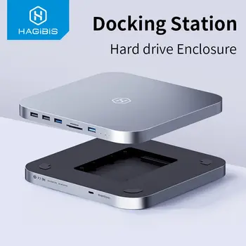 Hagibis 맥 미니용 USB C 허브, 하드 드라이브 인클로저 포함, C타입 도킹 스테이션, 2.5 SATA NVME M.2 SSD 케이스, 4K DP USB3.0 M1 M2