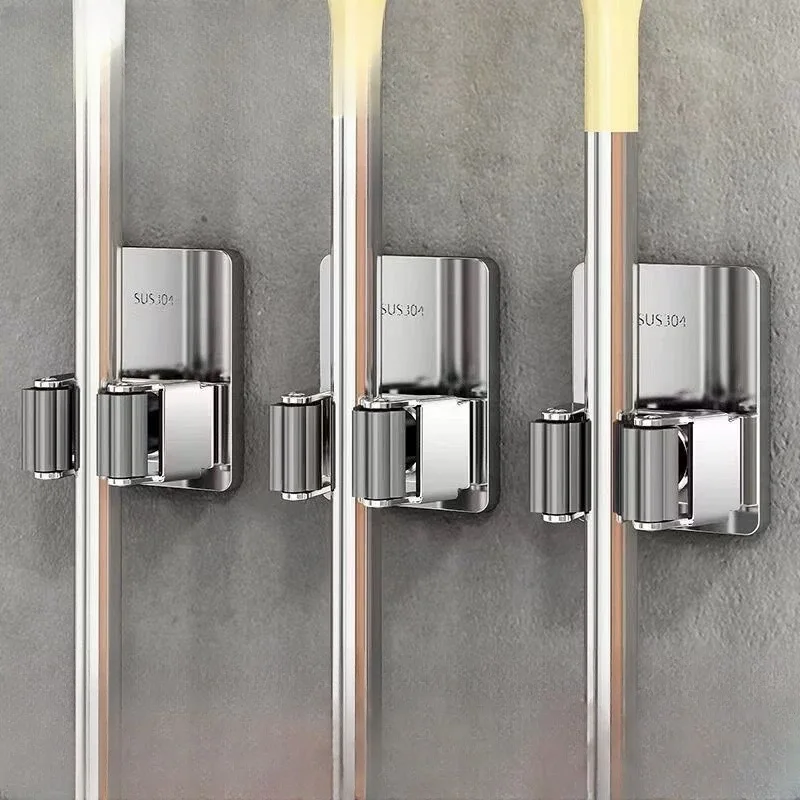 304 Stainless Steel Mop Clip Free Punch Wall Hanging with Hook Bathroom Broom Mop Storage Rack