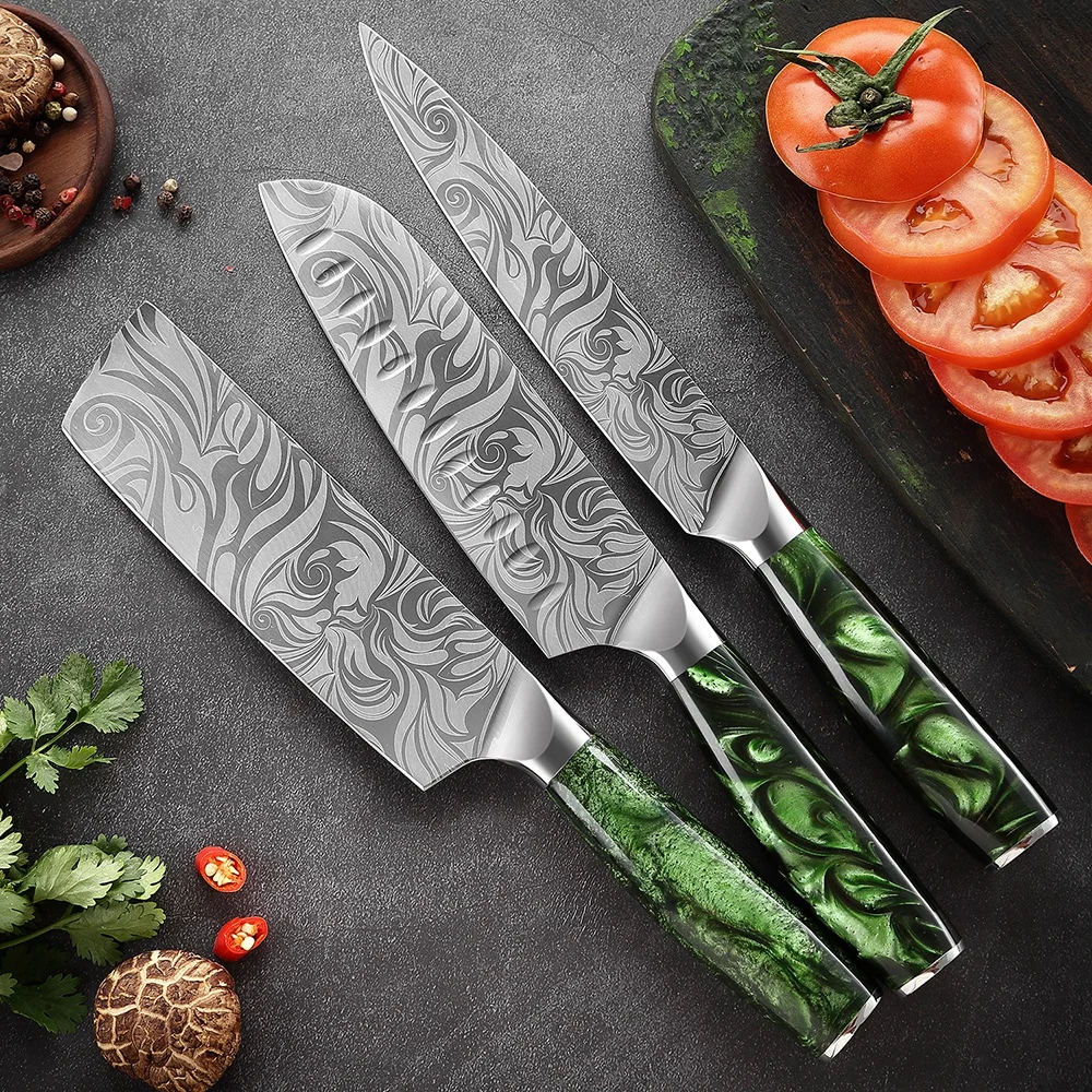 8PC Kitchen Knives Kit Chinese Damascus Stainless Steel Chef Knife Cleaver  Bag