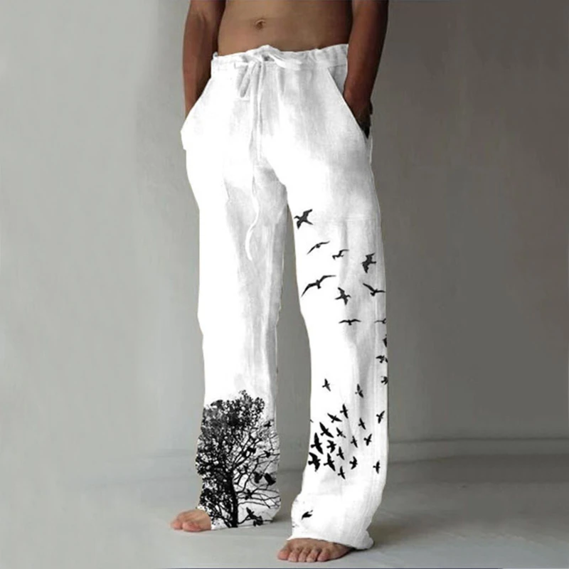 white sweatpants Men's Casual Pants Sweatpants Tree Bird Print Full Length Pants Pocket Drawstring Linen Trousers Men Oversized Jogger Trousers workout joggers Sweatpants