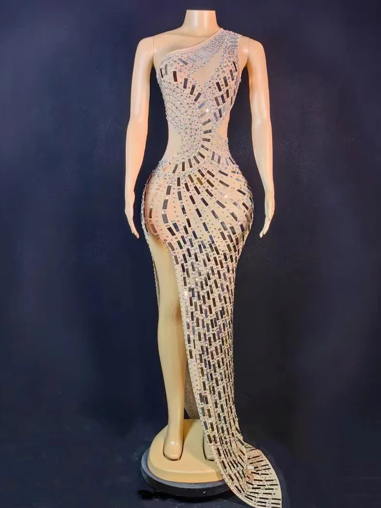 

High Quality Hot Diamond Sequin Elastic Diagonal Shoulder Long Dress 2024 New Fashion Custom Women'S Clothing