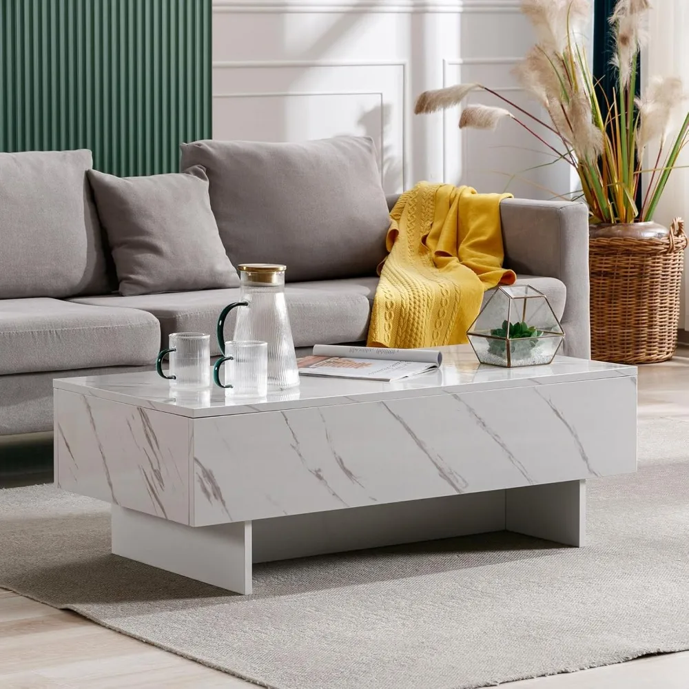 41" Marble White Cool Coffee Table for Living Room,Rectangular Glossy Smart Contemporary Center Table for Waiting Area, 6