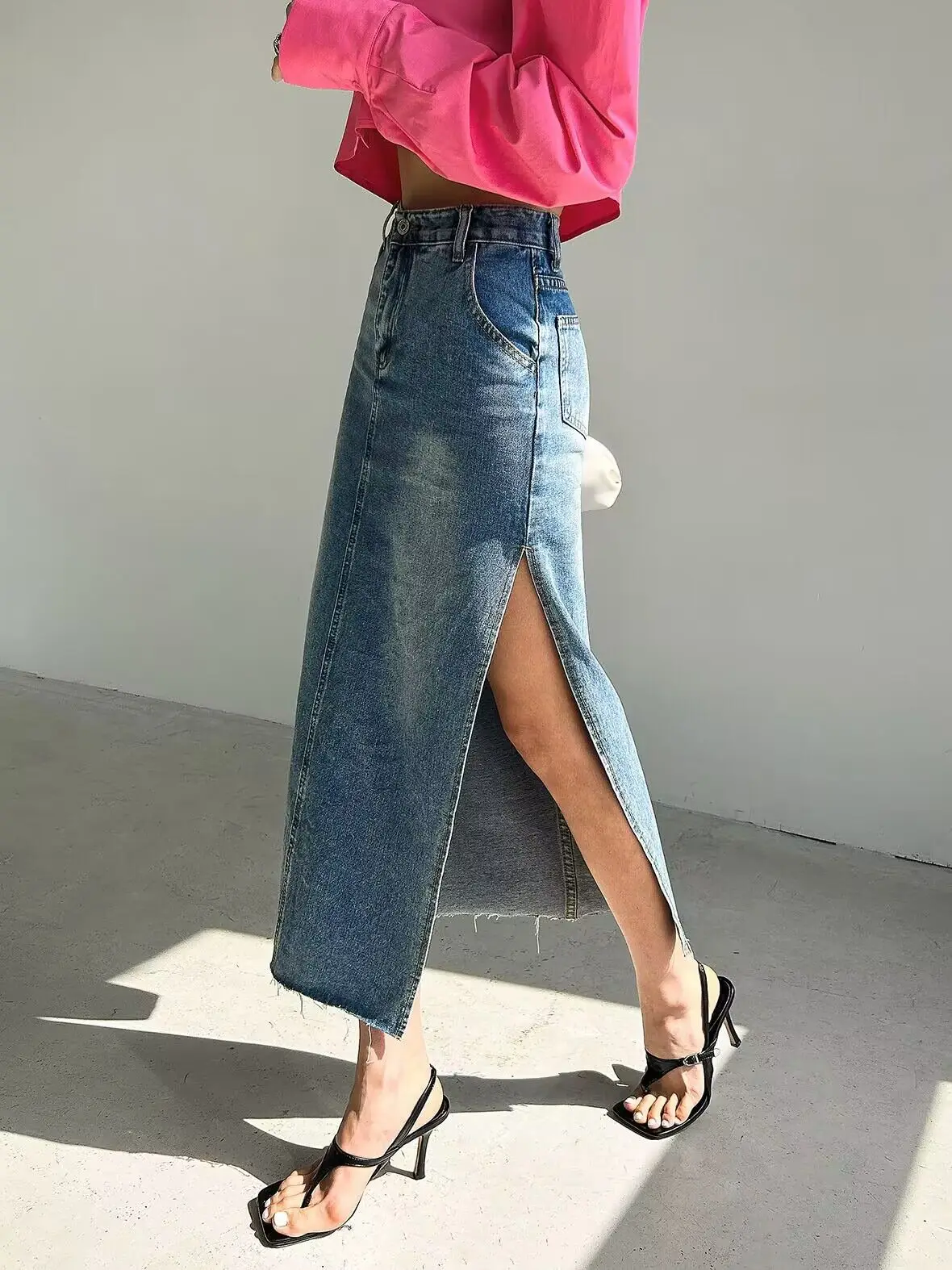 

HIgh fashion Streetwear Side split skirts denim jeans elastic waist vestidos largos de mujer