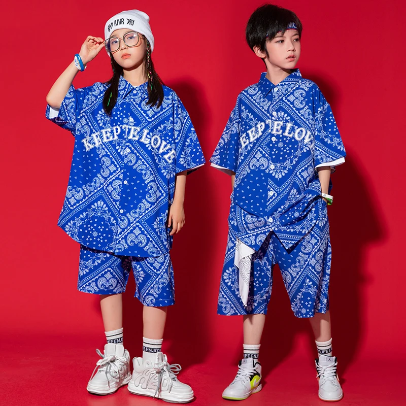 

2022 Jazz Dance Costumes For Kids Blue Loose Shirts Shorts Children Ballroom Hip Hop Dance Clothing Performance Outfits DQS9923