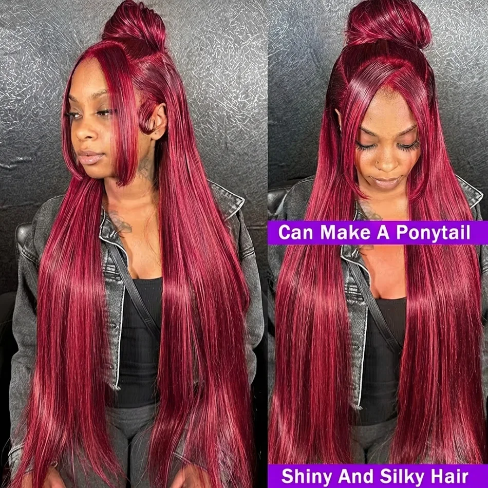 250 Density Red 99J Straight Colored 13x4 Lace Front Human Hair Wigs Burgundy Transparent Lace Frontal Human Hair Wig For Women 3