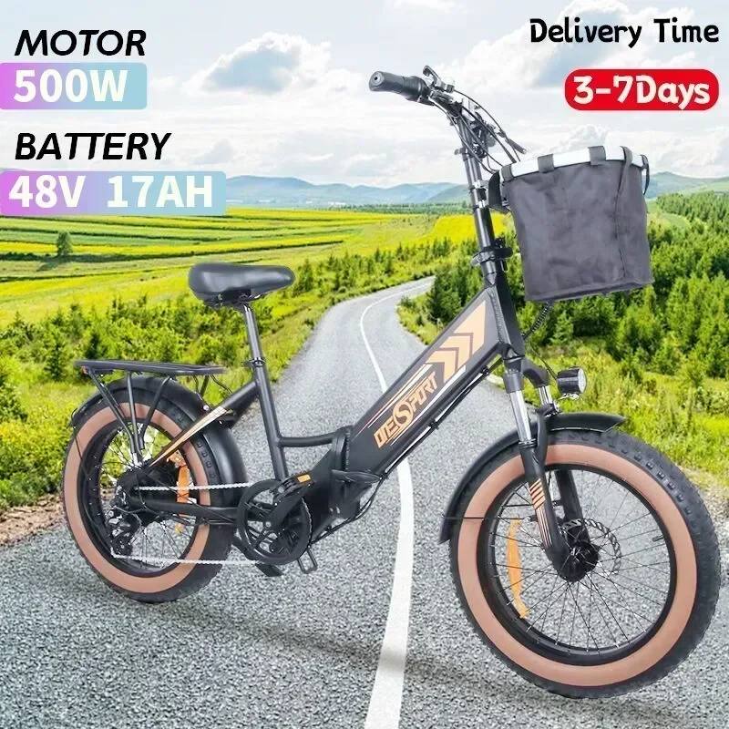 

Folding Electric Bike 500W 48V 17AH 20*4.0inch Fat Tire Adult Ebike City Beach Road 7Speed Commuter Electric Bicycle With Basket