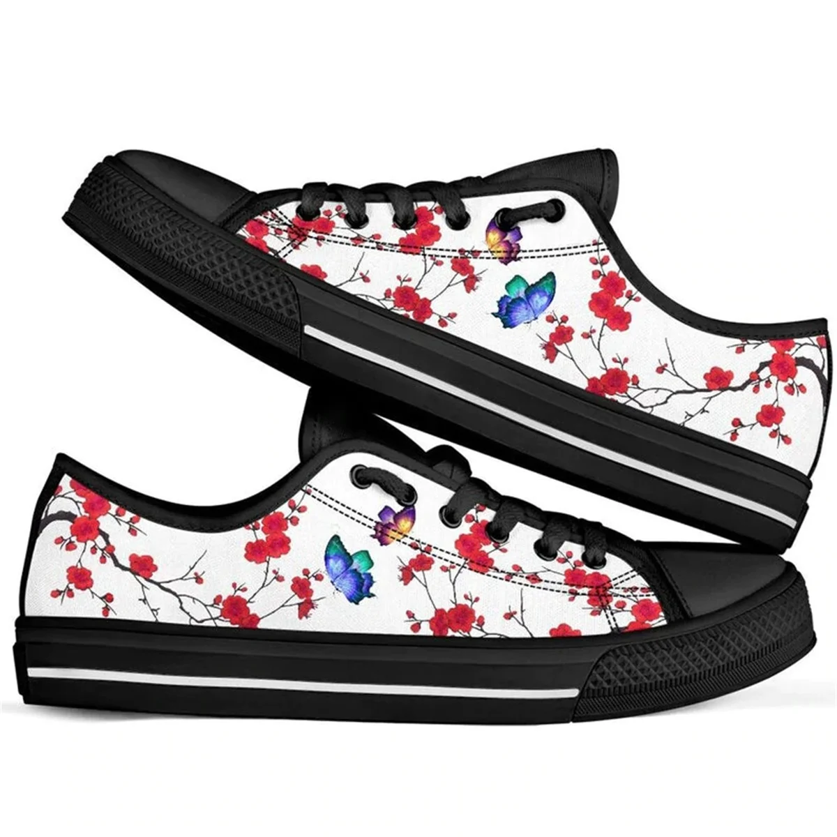 Saqura Flower Blue Butterfly Prints Kawaii Canvas Shoes For Women Sweet Summer Zapatillas Mujer Fashion Students Daily