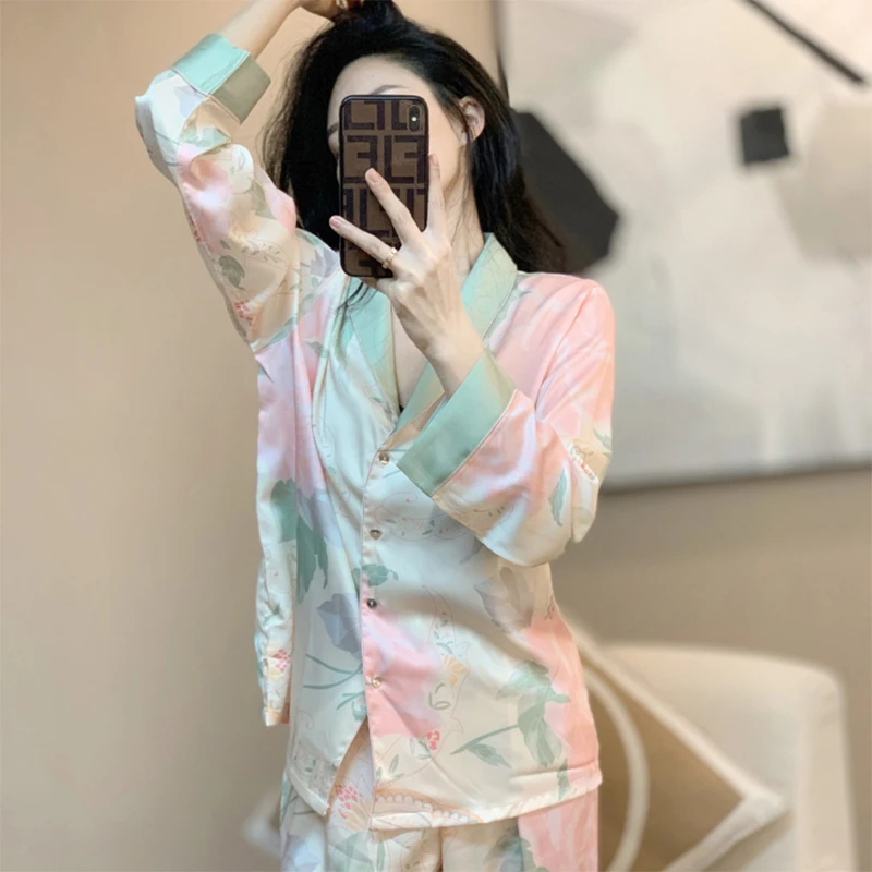 Summer Silk Ice Silk Women's Pajamas Long Sleeve Set Household Set Thin cardigan Small lapel Oil Painting Sweet Casual Silk
