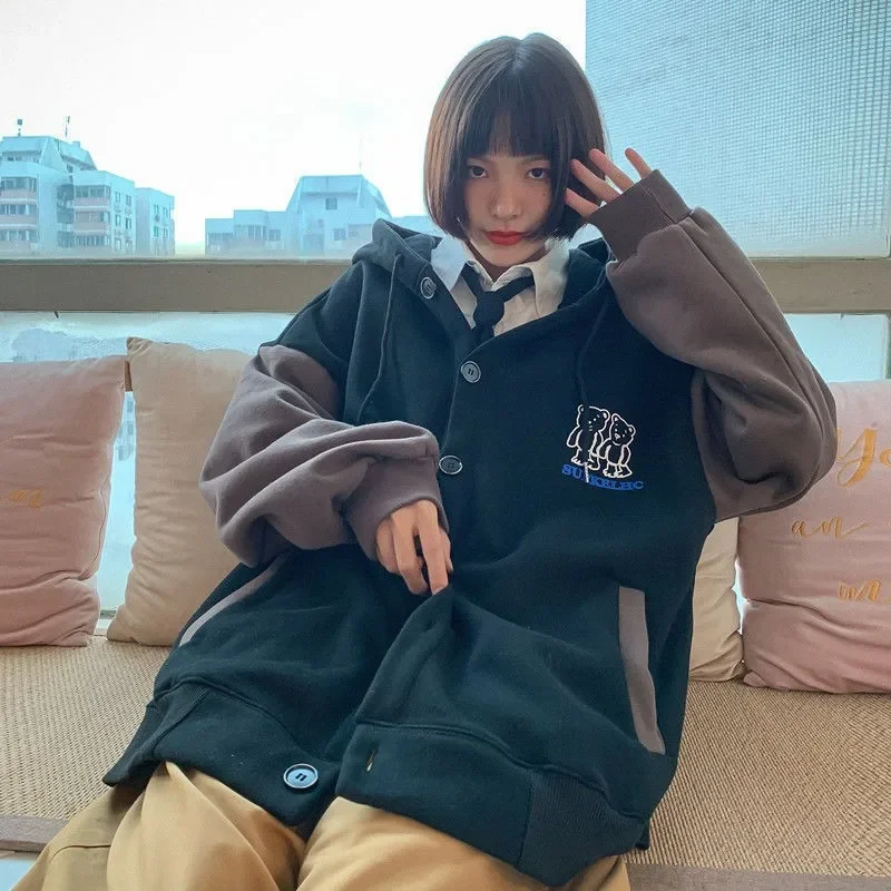 Autumn Vintage Long Sleeve Women Streetwear Oversized Hooded Sweatshirts kawaii bear Jacket Trendy Pocket Hoodie Sweetshirt y2k