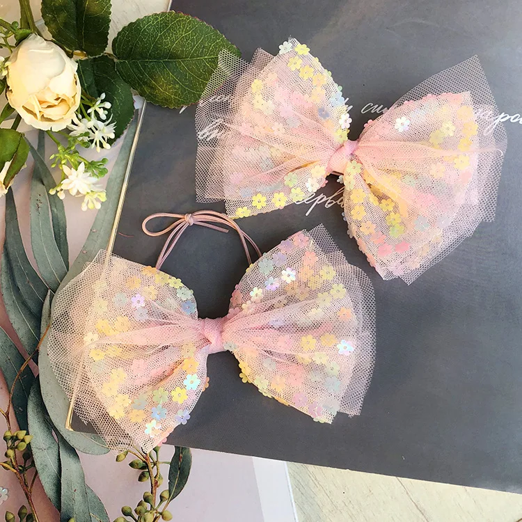 

12pcs Glitter Sequin Floral Bowknot Hair Clips Pastel Color Tulle Bow Ponytail Holder Fashion Headwear Boutique Hair Accessories