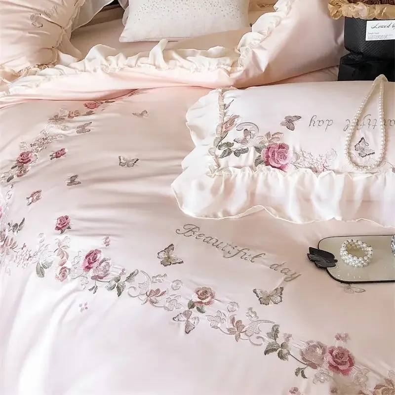 Flowers Butterfly Embroidery Lace Ruffles Bedding Set 1000TC Egyptian Cotton Duvet Cover Bed Sheet/Fitted Sheet Pillowcases 4Pcs
