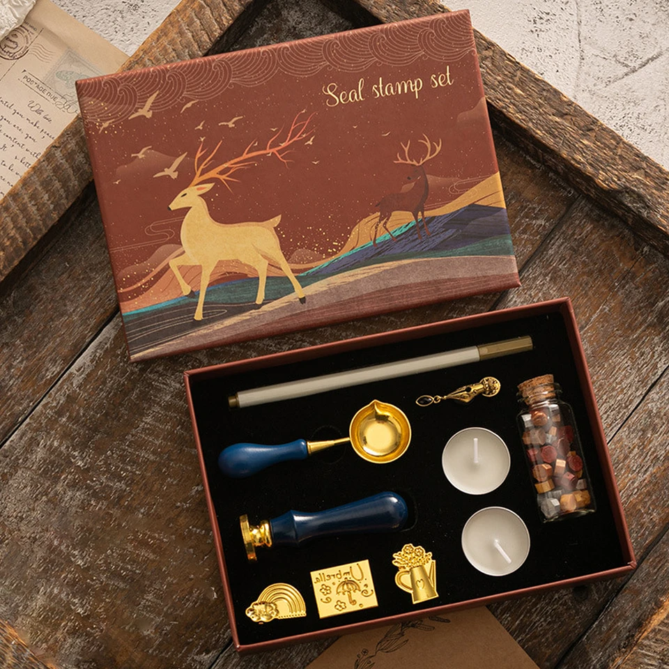 Kit timbro sigillo di ceralacca con 6 pezzi timbro sigillo e bottiglia di perline di cera cucchiaio/candela/scaldacera per buste vintage di Natale lettere spedizioni artigianali regalo per buste