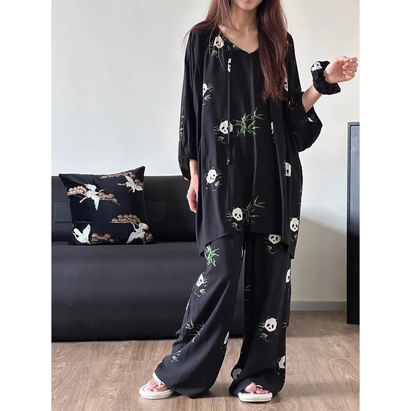 Popular pajama women's cartoon panda leopard print imitation cotton spring and autumn style new plus size home suit set