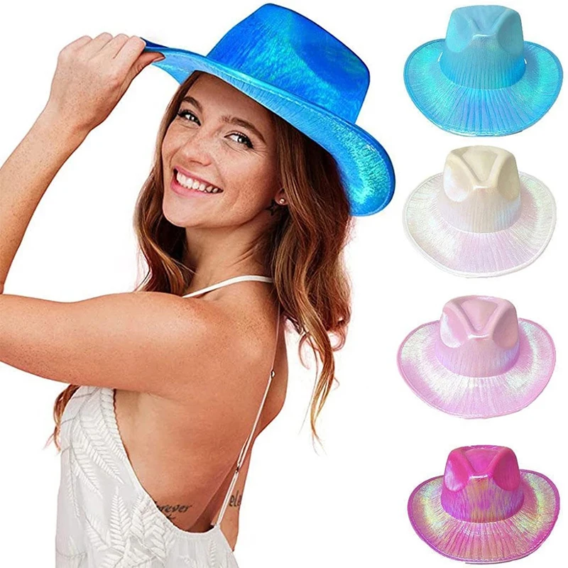 

1PC Pearlescent Blinking Cowgirl Hat Holiday Costume Western Cowboy Hat For Party Women Wide Brim Caps