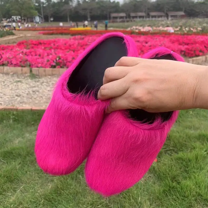 

2023 New Fashion Fur Horse Hair Slippers Casual Vacation loafers Shoes Flats Thick Sole Leisure Outwear Mule Shoes Plus Size 46