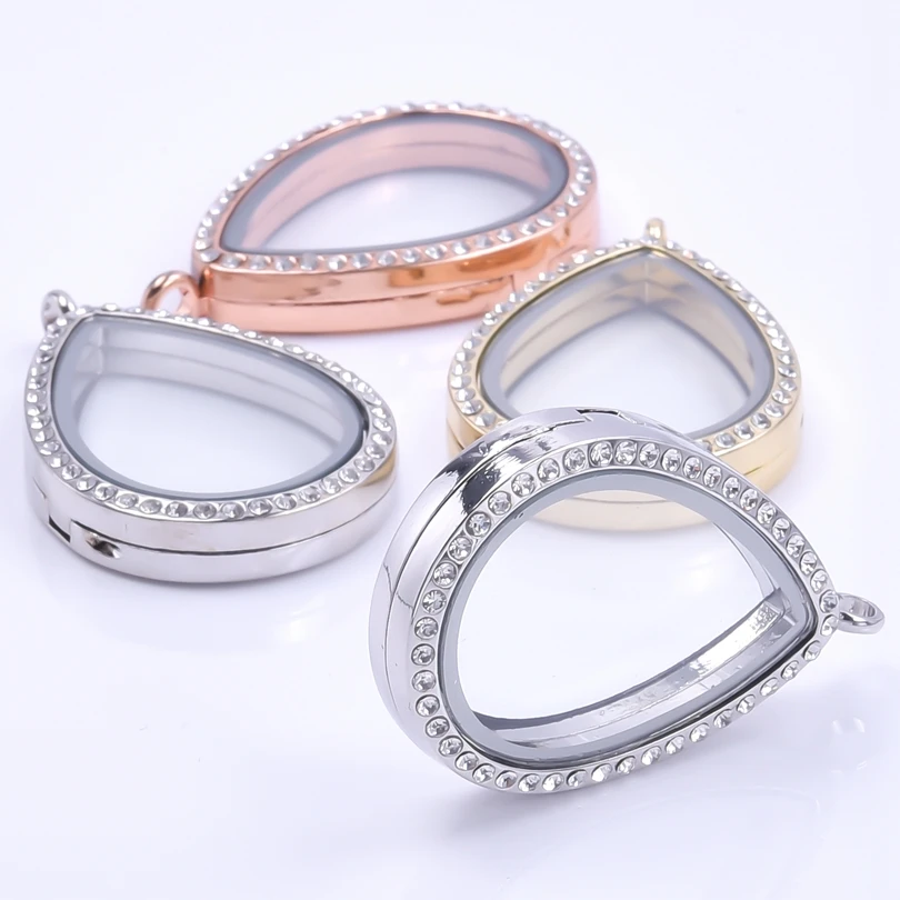 10PCS Rhinestones Water drop Glass Floating Locket Alloy Pendant Charms Jewelry Making Necklace Keychain For Women Men Supplies