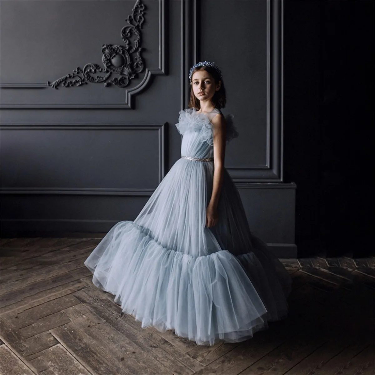

Layered Flower Girl Dress For Wedding Tulle Puffy Beading Sleeveless Elegant Princess Birthday Party First Communion Ball Gowns