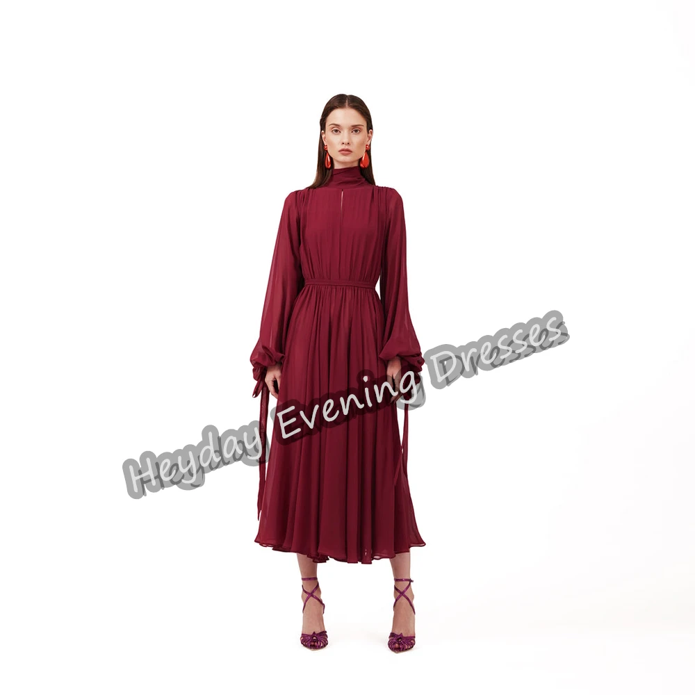 

Heyday Chiffon O-Neck Saudi Arabia Simple Long Sleeves Prom Gown Tea Length Sexy Elegant Evening Party Dresses For Women 2024